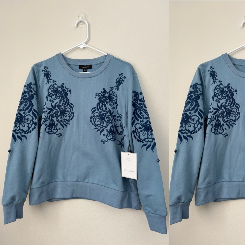 Floral Embroidery Women's Long Sleeve Sweatshirt Pullover Blue Top (new) - Picture 2 of 8